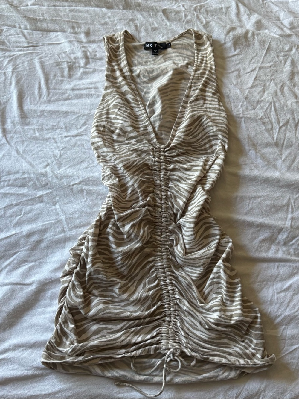 Motel Rocks Beige and White Zebra Ruched Tank Dress